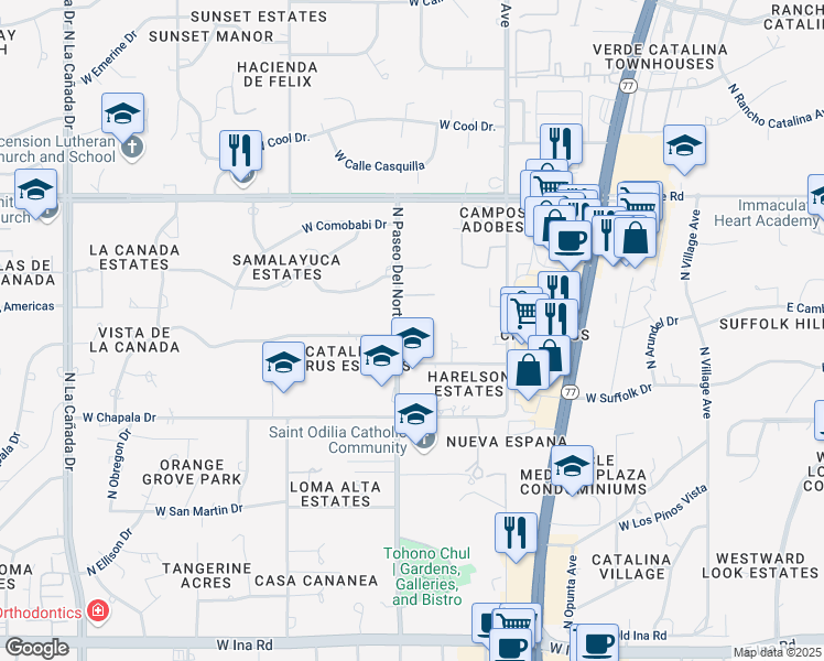map of restaurants, bars, coffee shops, grocery stores, and more near 7740 North Paseo Del Norte in Tucson