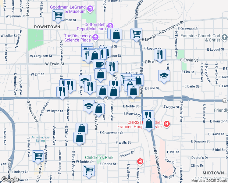 map of restaurants, bars, coffee shops, grocery stores, and more near 318 South Fannin Avenue in Tyler