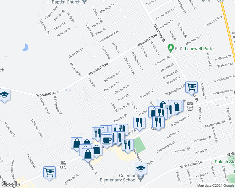 map of restaurants, bars, coffee shops, grocery stores, and more near 1109 Sheridan Lane in Cleburne