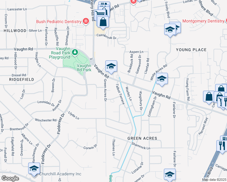 map of restaurants, bars, coffee shops, grocery stores, and more near 1941 Green Acres Court in Montgomery