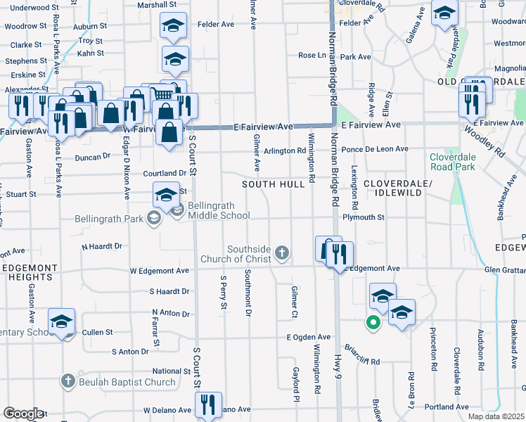 map of restaurants, bars, coffee shops, grocery stores, and more near 3282 Gilmer Avenue in Montgomery