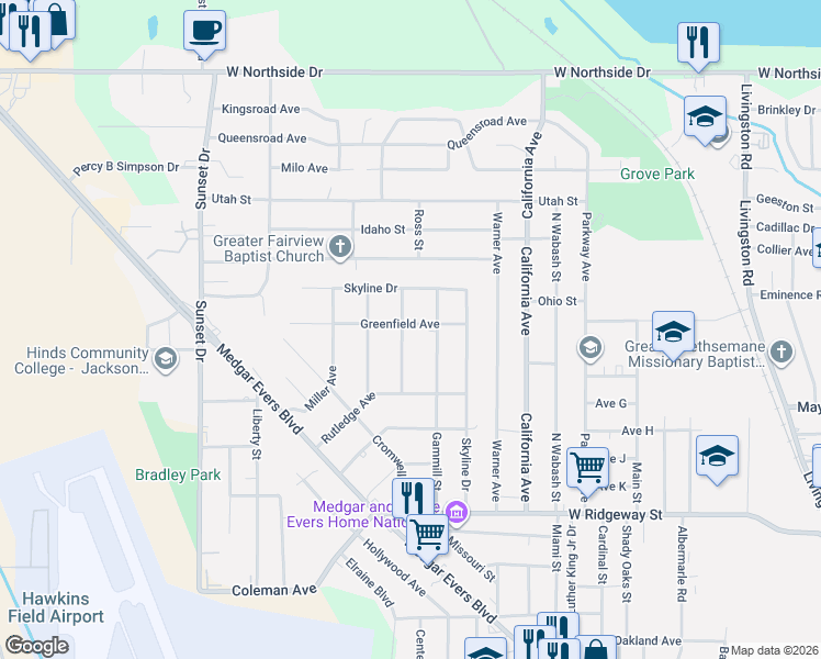map of restaurants, bars, coffee shops, grocery stores, and more near 2475 Greenfield Avenue in Jackson