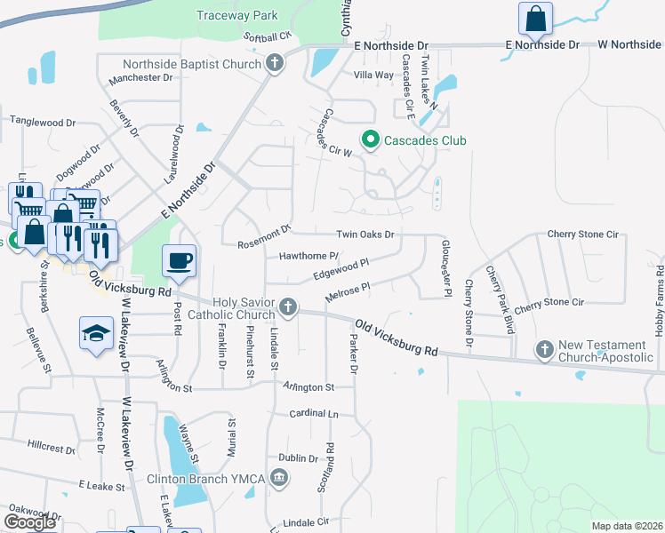 map of restaurants, bars, coffee shops, grocery stores, and more near 1517 Edgewood Place in Clinton