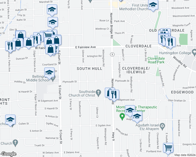 map of restaurants, bars, coffee shops, grocery stores, and more near 3279 South Hull Street in Montgomery