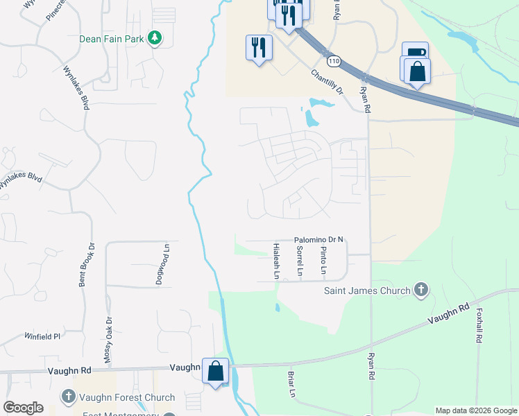 map of restaurants, bars, coffee shops, grocery stores, and more near 8524 Ryan Ridge Loop in Montgomery