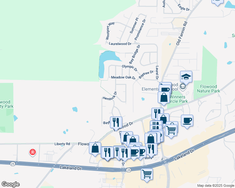 map of restaurants, bars, coffee shops, grocery stores, and more near 310 Hemlock Drive in Flowood