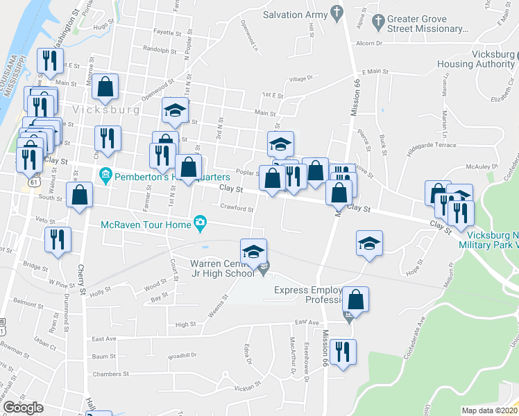 map of restaurants, bars, coffee shops, grocery stores, and more near 1321 Spring Street in Vicksburg