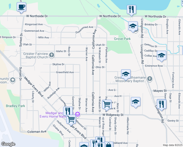 map of restaurants, bars, coffee shops, grocery stores, and more near 3937 California Avenue in Jackson