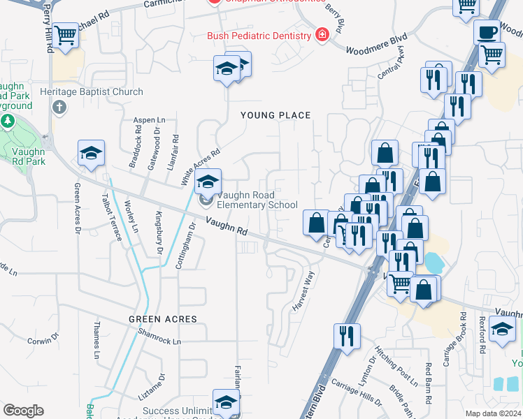 map of restaurants, bars, coffee shops, grocery stores, and more near 1832 Young Farm Road in Montgomery