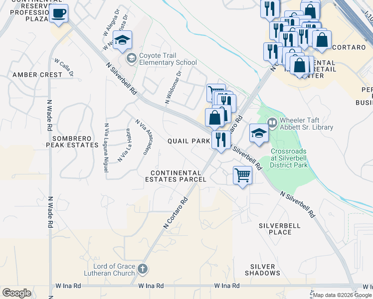 map of restaurants, bars, coffee shops, grocery stores, and more near 7721 Legend Vista Place in Tucson
