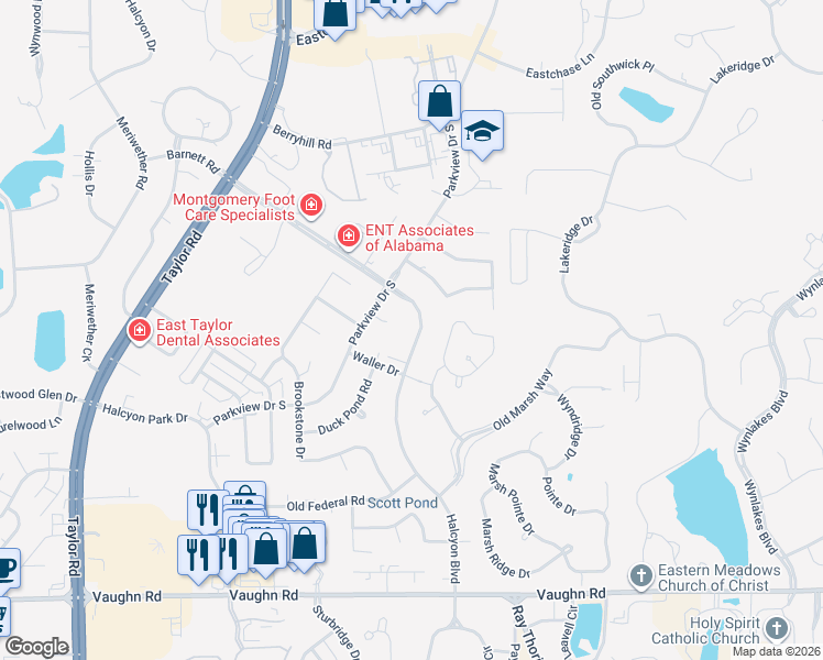 map of restaurants, bars, coffee shops, grocery stores, and more near 2054 Halcyon Boulevard in Montgomery