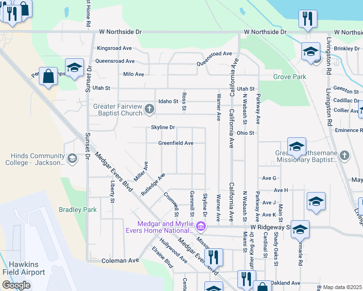 map of restaurants, bars, coffee shops, grocery stores, and more near 2475 Greenfield Avenue in Jackson