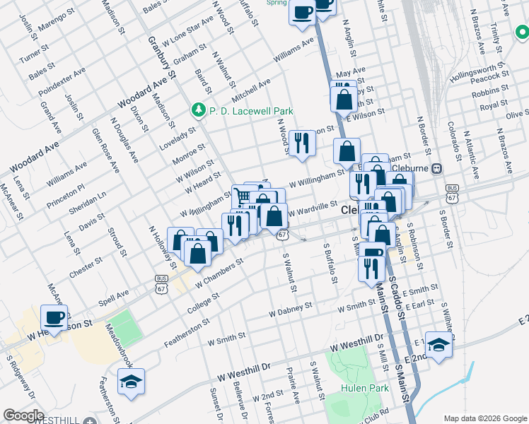 map of restaurants, bars, coffee shops, grocery stores, and more near 432 West Wardville Street in Cleburne