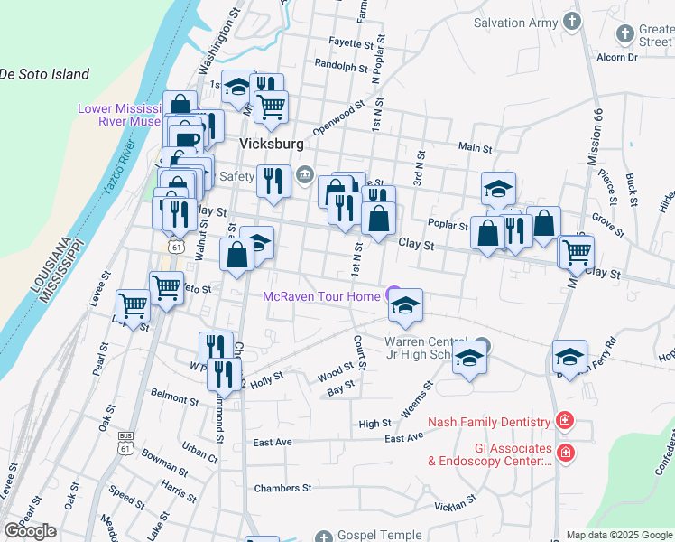 map of restaurants, bars, coffee shops, grocery stores, and more near 1309 South Street in Vicksburg