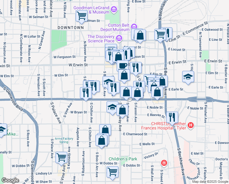 map of restaurants, bars, coffee shops, grocery stores, and more near 315 S Broadway Ave in Tyler