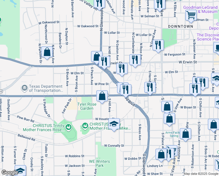 map of restaurants, bars, coffee shops, grocery stores, and more near 2450 Park Street in Tyler