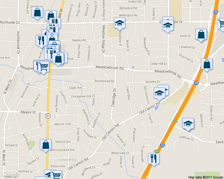 map of restaurants, bars, coffee shops, grocery stores, and more near 4115 Oakridge Dr in Jackson