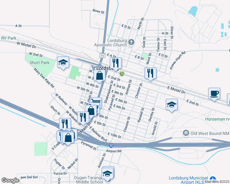 map of restaurants, bars, coffee shops, grocery stores, and more near 301 East 4th Street in Lordsburg