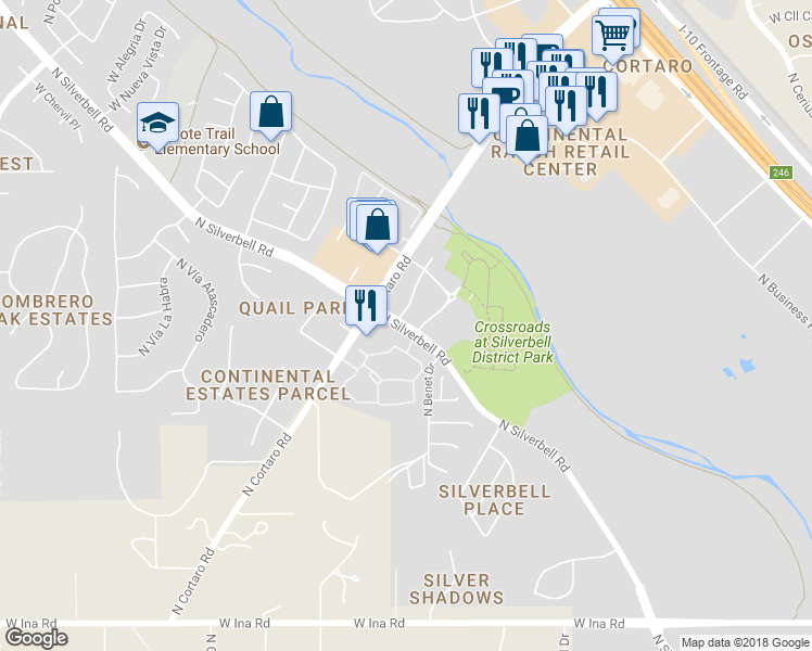map of restaurants, bars, coffee shops, grocery stores, and more near 7748 North Silverbell Road in Tucson