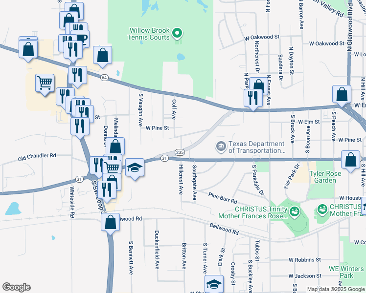 map of restaurants, bars, coffee shops, grocery stores, and more near 3013 Chandler Highway in Tyler