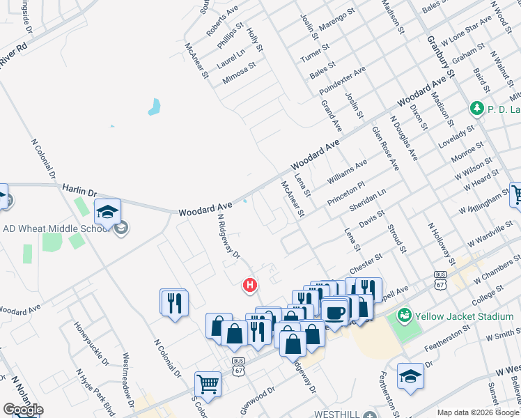 map of restaurants, bars, coffee shops, grocery stores, and more near 815 Woodard Avenue in Cleburne