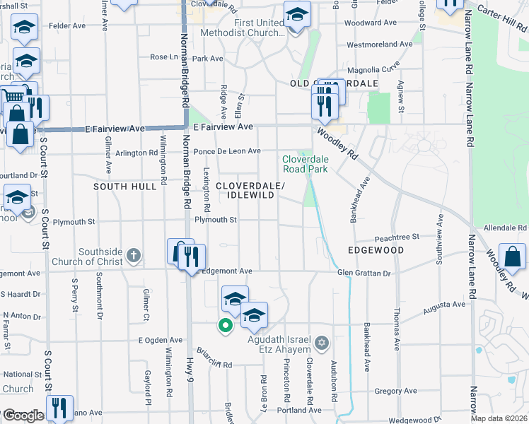map of restaurants, bars, coffee shops, grocery stores, and more near 3265 Montezuma Road in Montgomery