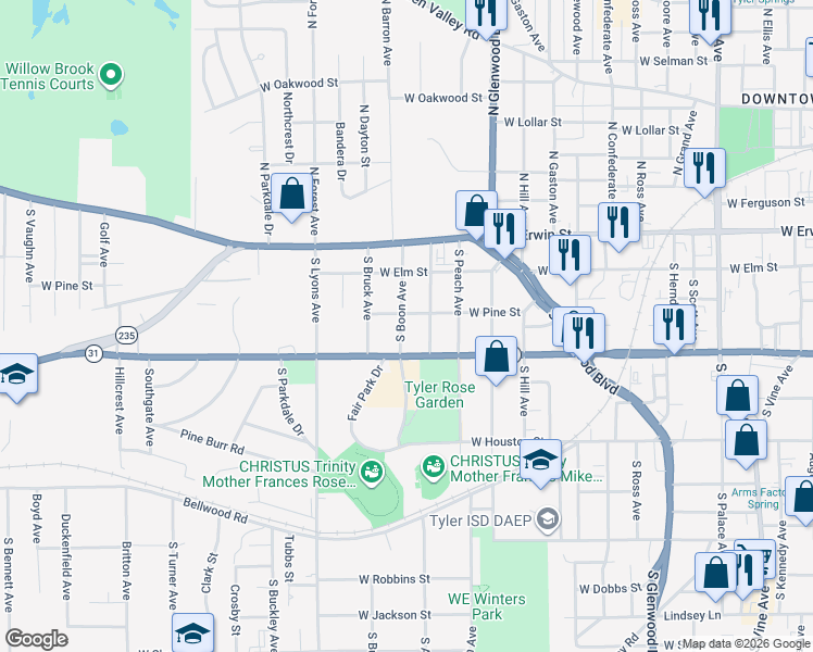 map of restaurants, bars, coffee shops, grocery stores, and more near 313 Fairmont Avenue in Tyler