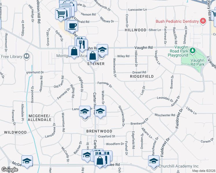 map of restaurants, bars, coffee shops, grocery stores, and more near 3120 Fernway Drive in Montgomery