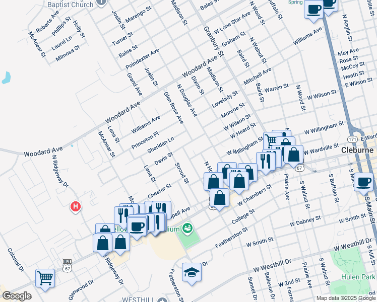 map of restaurants, bars, coffee shops, grocery stores, and more near 320 North Pendell Avenue in Cleburne