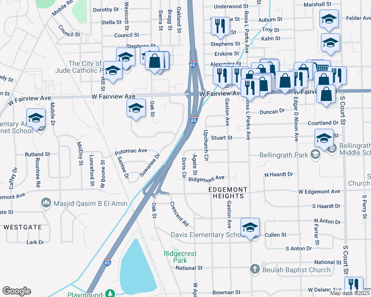 map of restaurants, bars, coffee shops, grocery stores, and more near 840 Doris Circle in Montgomery