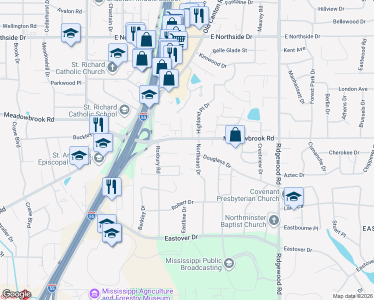 map of restaurants, bars, coffee shops, grocery stores, and more near 1440 Douglass Drive in Jackson
