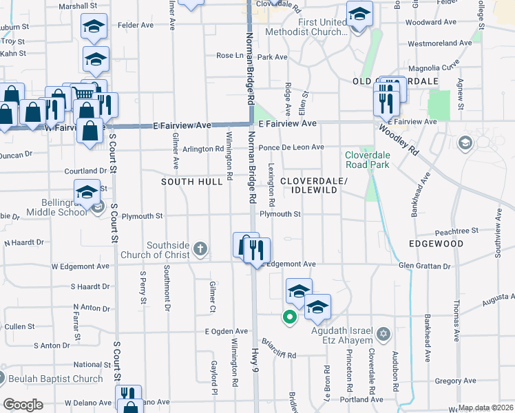 map of restaurants, bars, coffee shops, grocery stores, and more near 3249 Norman Bridge Road in Montgomery