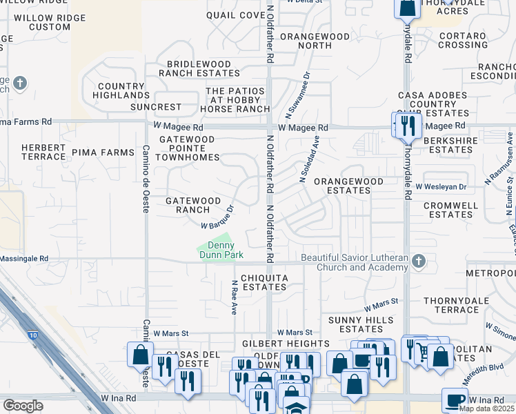 map of restaurants, bars, coffee shops, grocery stores, and more near 4142 West Orangewood Drive in Tucson