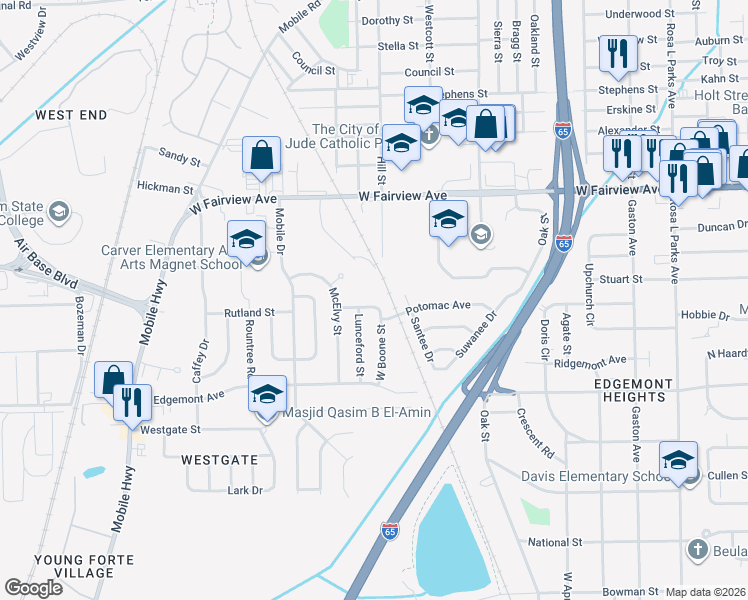 map of restaurants, bars, coffee shops, grocery stores, and more near 2318 Boone Street in Montgomery
