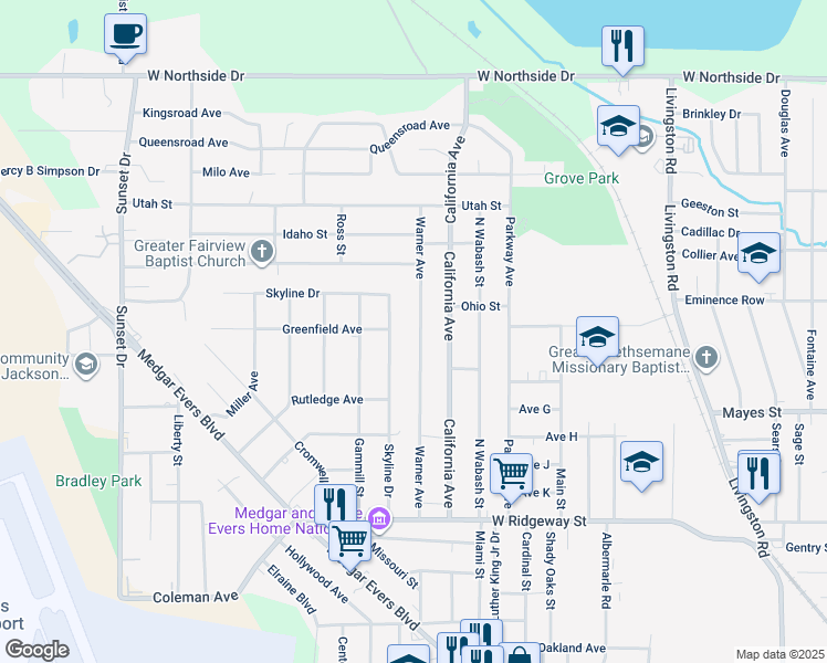 map of restaurants, bars, coffee shops, grocery stores, and more near 3939 Warner Avenue in Jackson