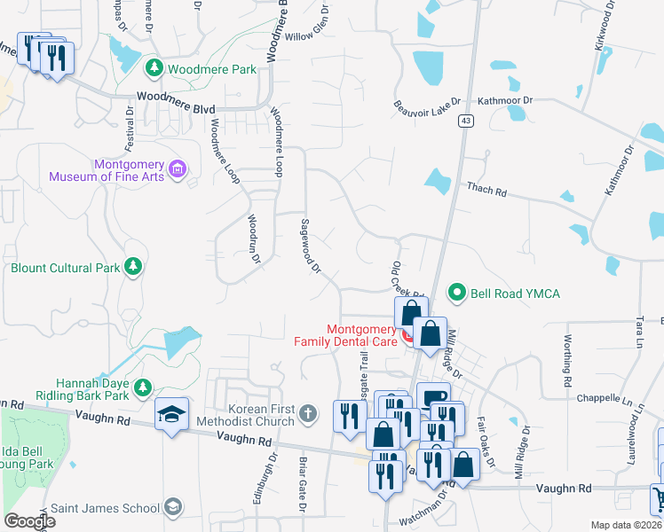 map of restaurants, bars, coffee shops, grocery stores, and more near 6705 Woodglen Ct in Montgomery