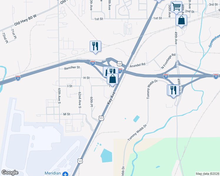 map of restaurants, bars, coffee shops, grocery stores, and more near 5717 I Street in Meridian