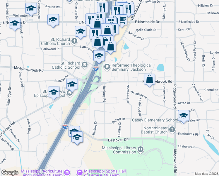 map of restaurants, bars, coffee shops, grocery stores, and more near 1414 Roxbury Pl in Jackson