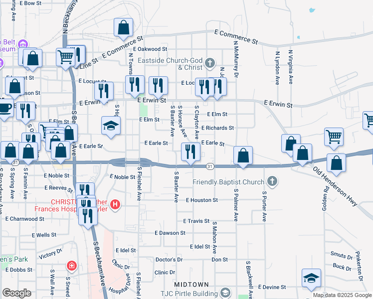 map of restaurants, bars, coffee shops, grocery stores, and more near 1318 Bailey Drive in Tyler