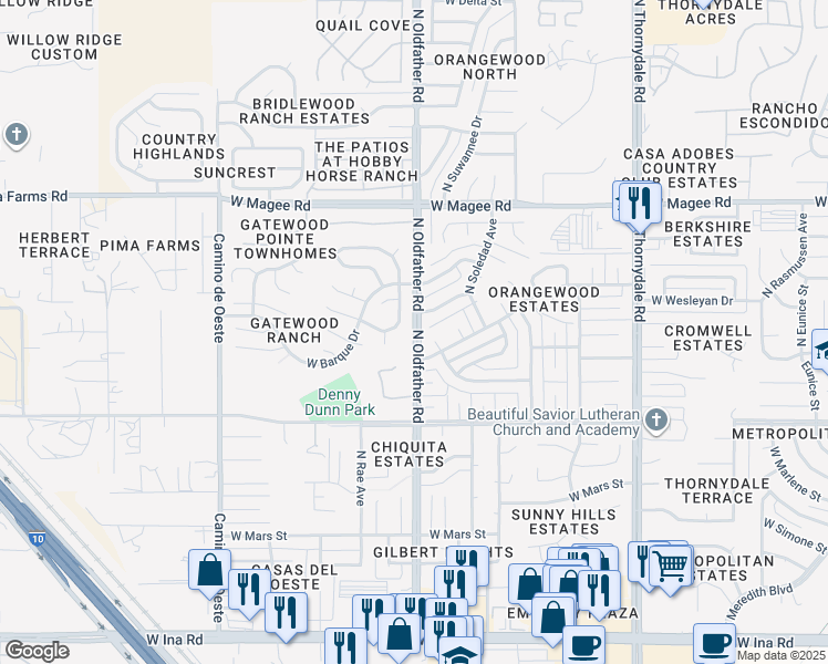 map of restaurants, bars, coffee shops, grocery stores, and more near 7751 North Oldfather Road in Tucson