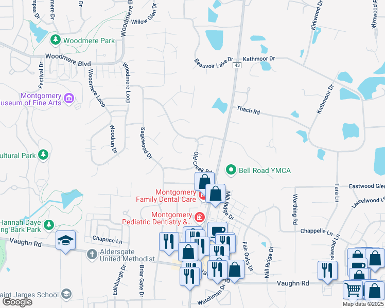 map of restaurants, bars, coffee shops, grocery stores, and more near 2412 Old Creek Road in Montgomery