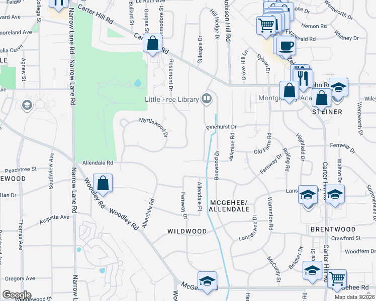 map of restaurants, bars, coffee shops, grocery stores, and more near 2130 Rosemont Drive in Montgomery