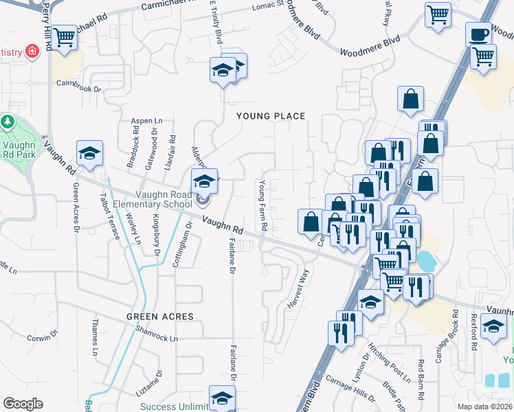 map of restaurants, bars, coffee shops, grocery stores, and more near 1832 Young Farm Road in Montgomery
