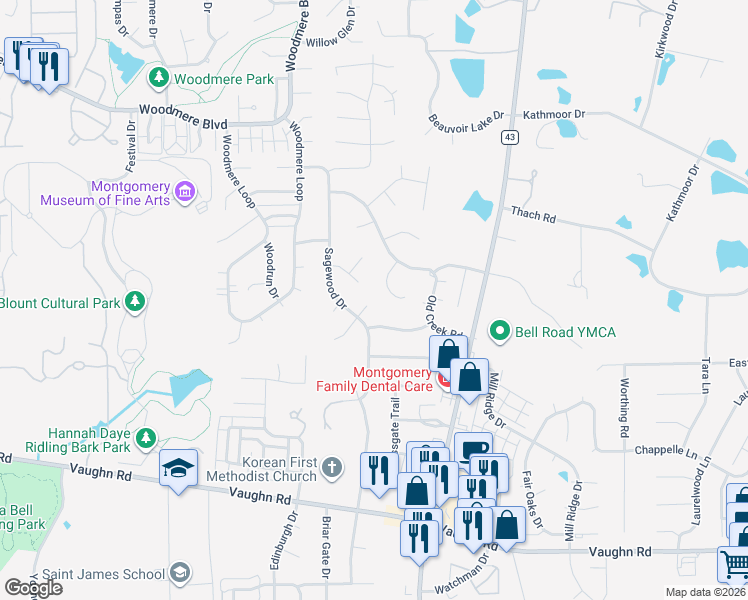 map of restaurants, bars, coffee shops, grocery stores, and more near 6705 Woodglen Court in Montgomery