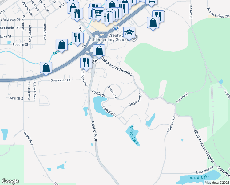 map of restaurants, bars, coffee shops, grocery stores, and more near 1610 Maple Street in Meridian
