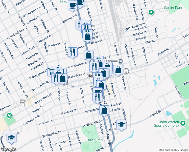 map of restaurants, bars, coffee shops, grocery stores, and more near in Cleburne