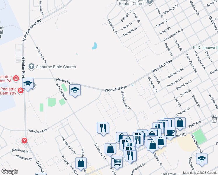 map of restaurants, bars, coffee shops, grocery stores, and more near 1006 Woodard Ave in Cleburne