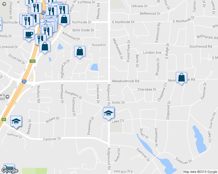 map of restaurants, bars, coffee shops, grocery stores, and more near 4152 Ridgewood Road in Jackson