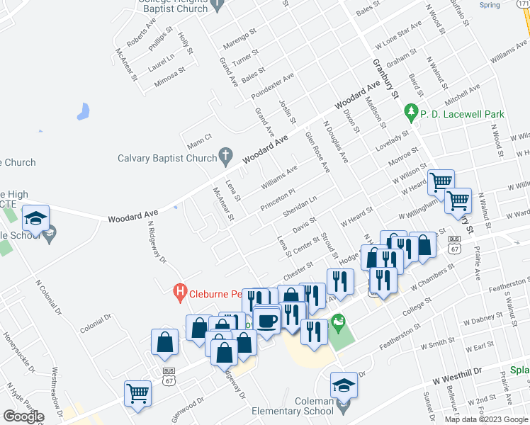 map of restaurants, bars, coffee shops, grocery stores, and more near 1037 Princeton Place in Cleburne