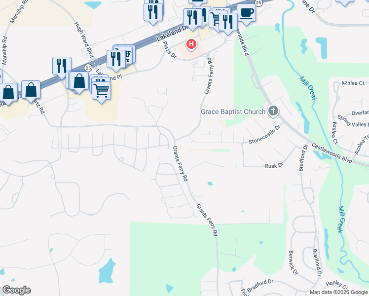 map of restaurants, bars, coffee shops, grocery stores, and more near 347 Stonecastle Drive in Brandon